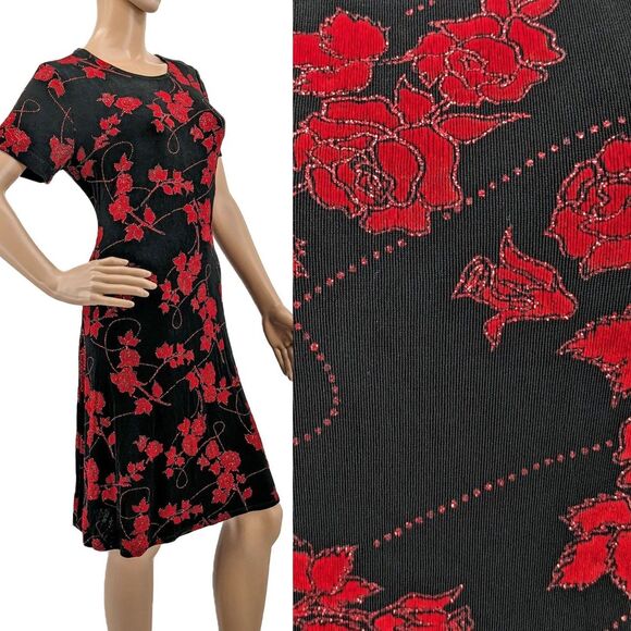 Vintage 90s Social Circles Midi Dress Red Rose Glitter Ribbed Stretch Size 6 - Picture 1 of 9